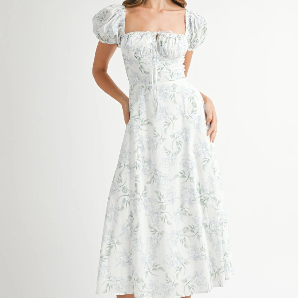 Rachel Blue Floral Print Puff Sleeve Midi Dress (S)| Easter Church Dress